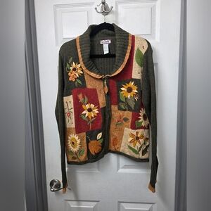 Tiara Floral Beaded Cottagecore Patchwork Zip Up Cardigan Green Maroon Mixed Lg.